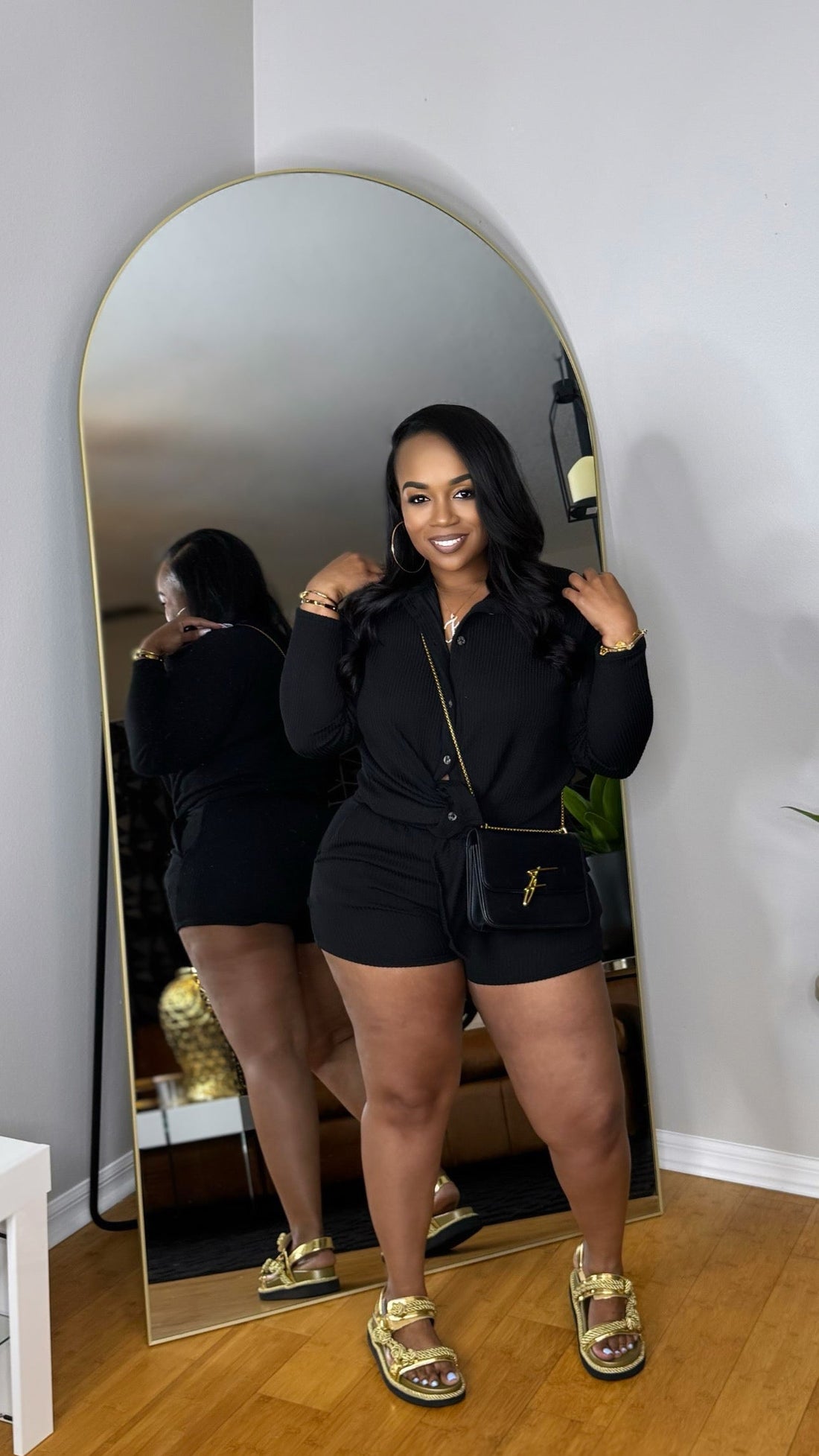 Waffle Texture Short Set-Black