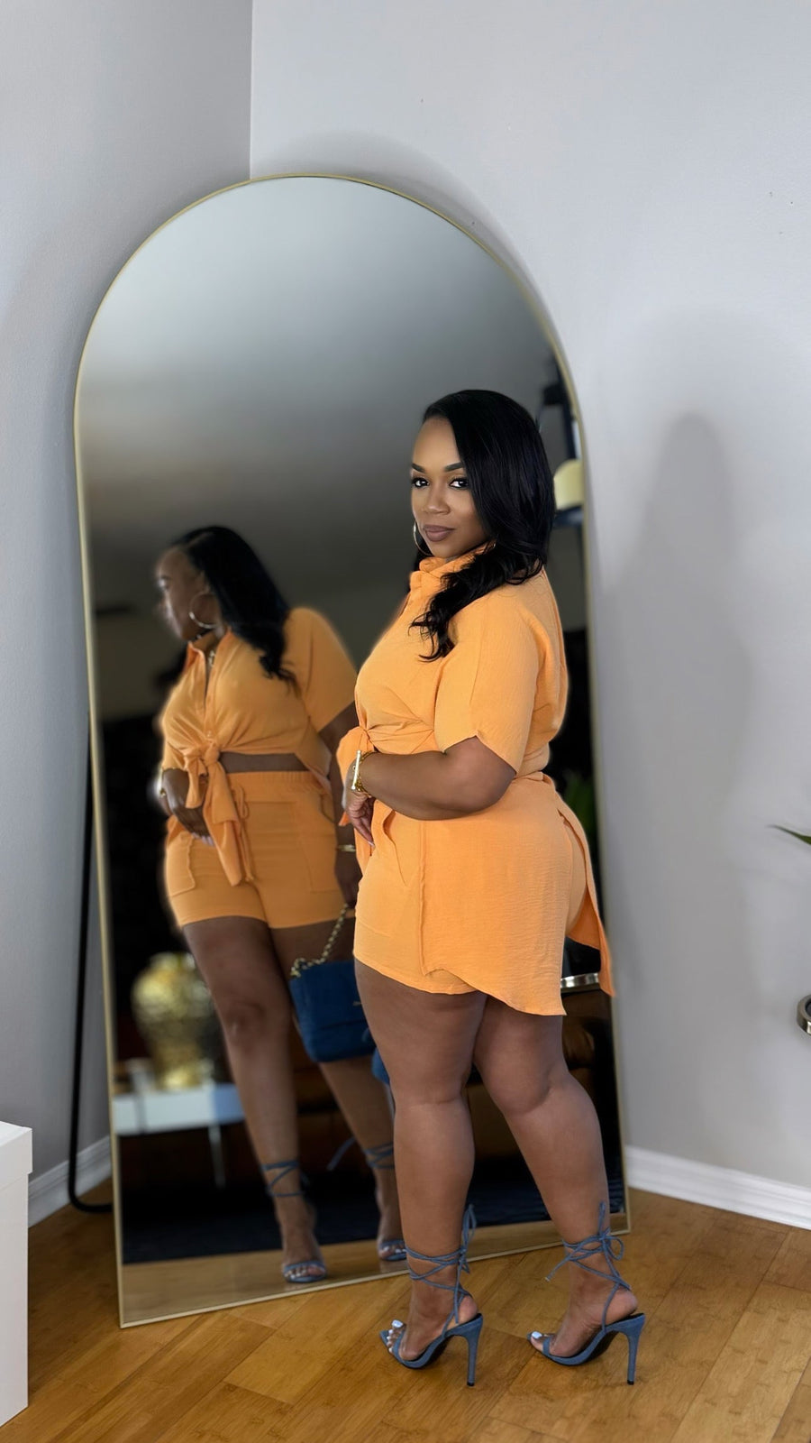 Front Tie Short Set- Light Orange